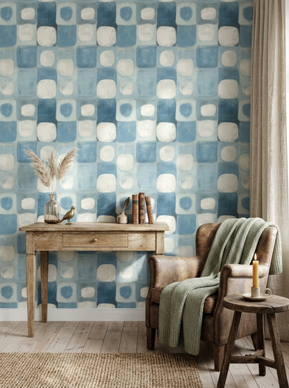 Blue Geometric Wallpaper with Painterly Squares and Ivory Accents