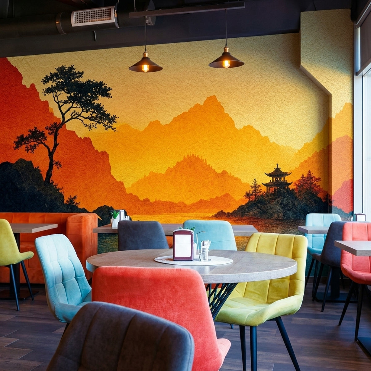 Golden Mountain Wall Mural Pagoda Sunset Landscape Art