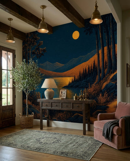 Moonlit Lake Wall Mural Mountain Forest Night Landscape
