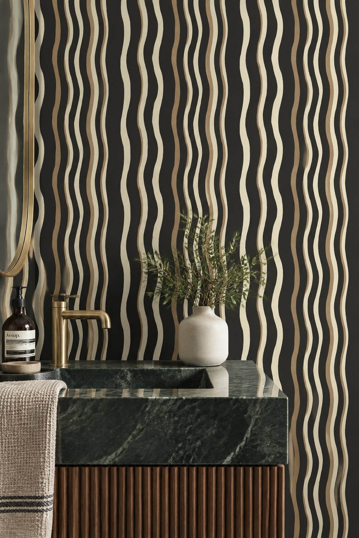 Wavy Stripe Wallpaper Black Cream Hand Drawn Lines Organic Modern Decor