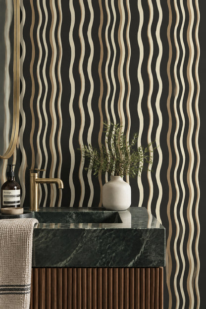 Wavy Stripe Wallpaper Black Cream Hand Drawn Lines Organic Modern Decor