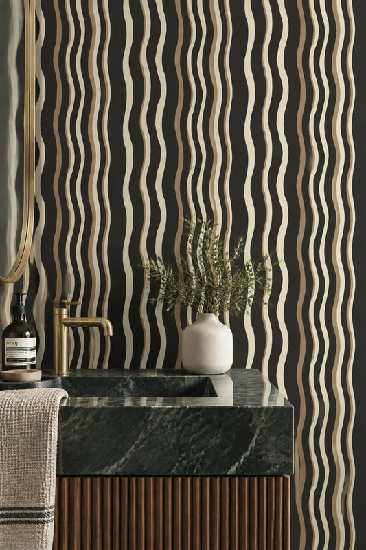 Wavy Stripe Wallpaper Black Cream Hand Drawn Lines Organic Modern Decor