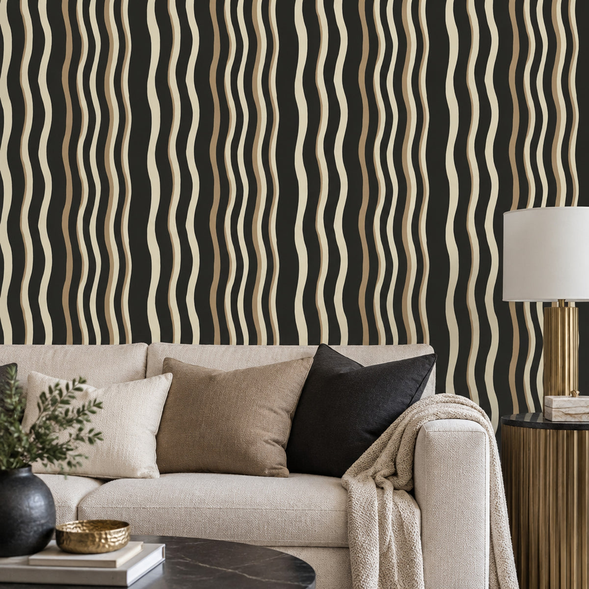 Wavy Stripe Wallpaper Black Cream Hand Drawn Lines Organic Modern Decor