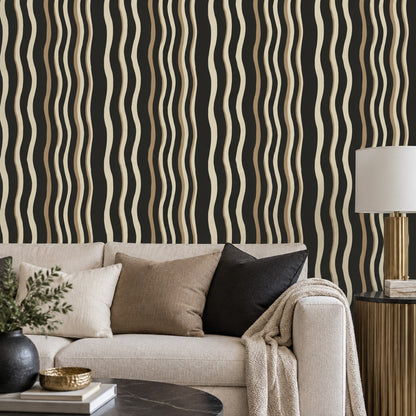 Wavy Stripe Wallpaper Black Cream Hand Drawn Lines Organic Modern Decor