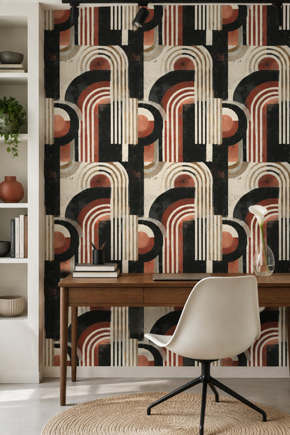 Abstract Arches Wallpaper Distressed Geometric Pattern Black Cream Terracotta Decor