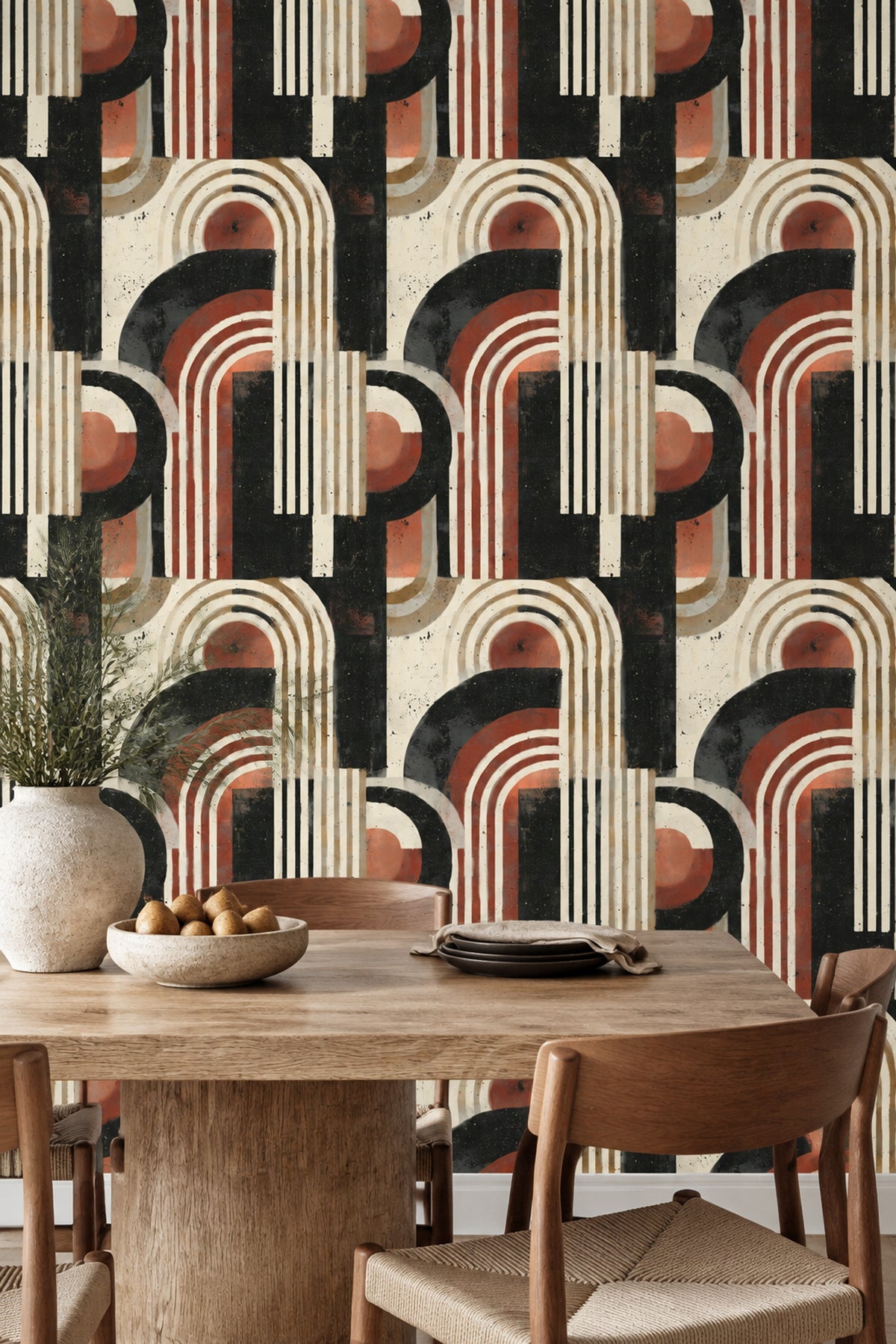Abstract Arches Wallpaper Distressed Geometric Pattern Black Cream Terracotta Decor