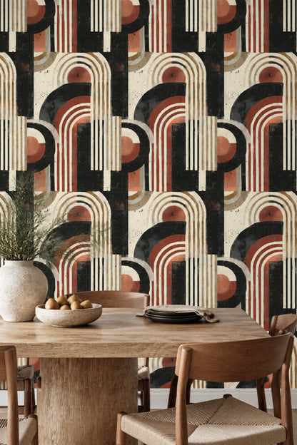 Abstract Arches Wallpaper Distressed Geometric Pattern Black Cream Terracotta Decor