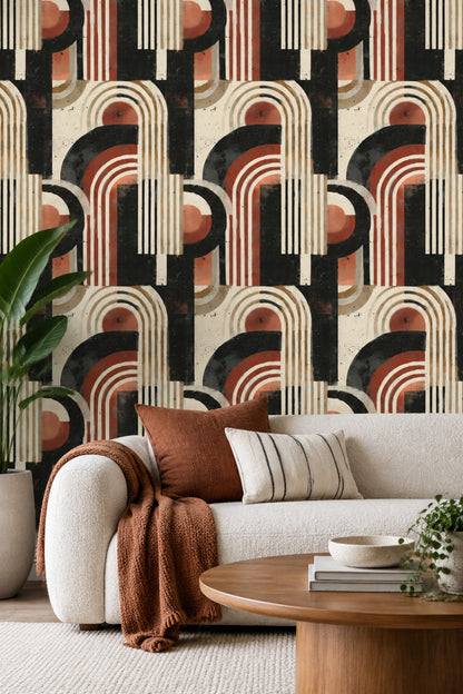 Abstract Arches Wallpaper Distressed Geometric Pattern Black Cream Terracotta Decor