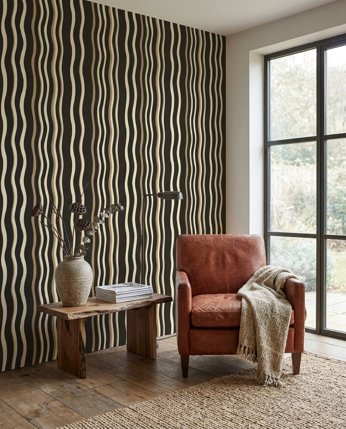 Wavy Stripe Wallpaper Black Cream Hand Drawn Lines Organic Modern Decor