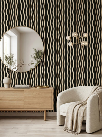 Wavy Stripe Wallpaper Black Cream Hand Drawn Lines Organic Modern Decor
