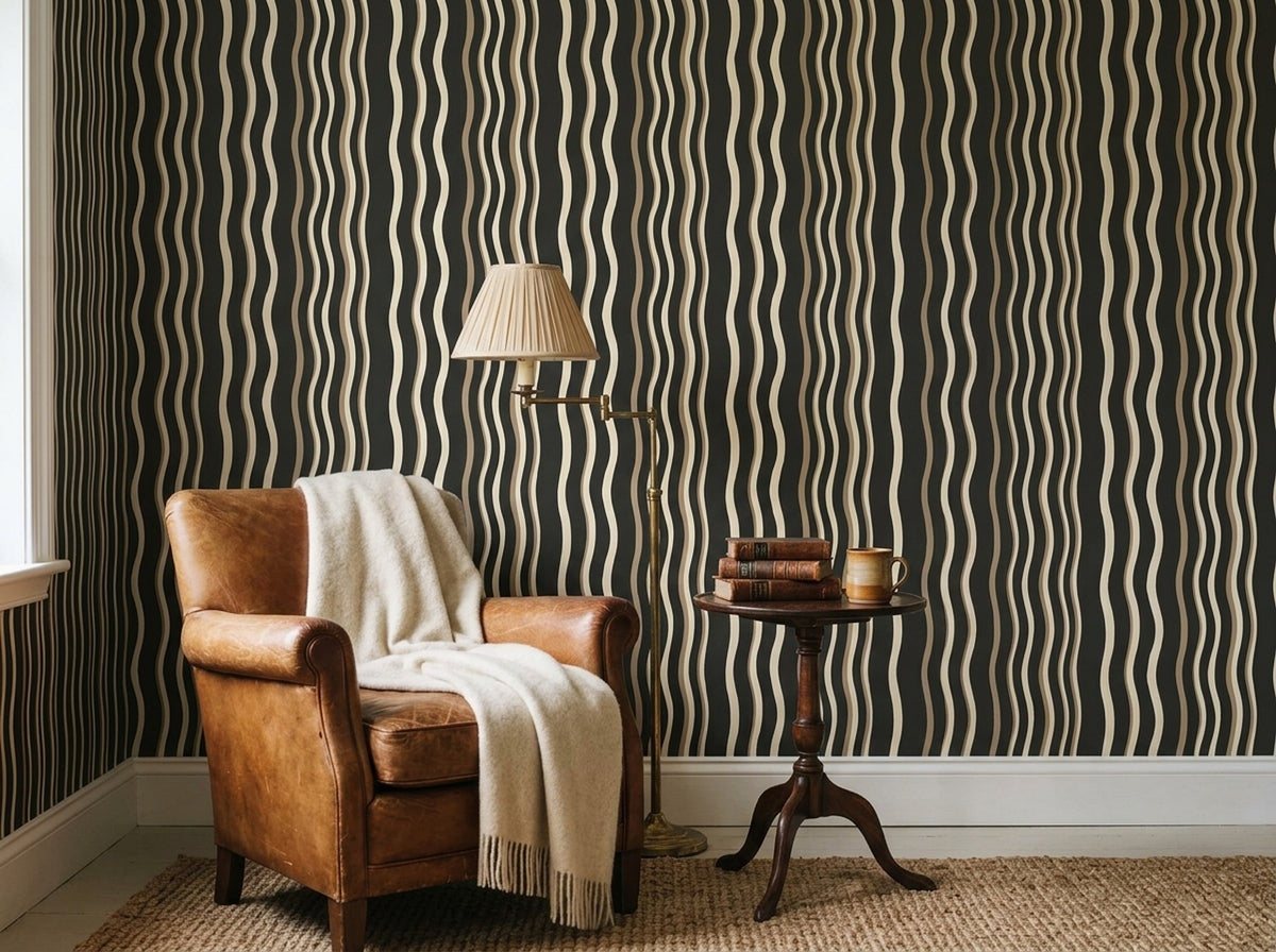 Wavy Stripe Wallpaper Black Cream Hand Drawn Lines Organic Modern Decor