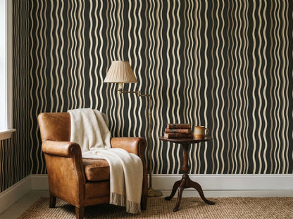 Wavy Stripe Wallpaper Black Cream Hand Drawn Lines Organic Modern Decor