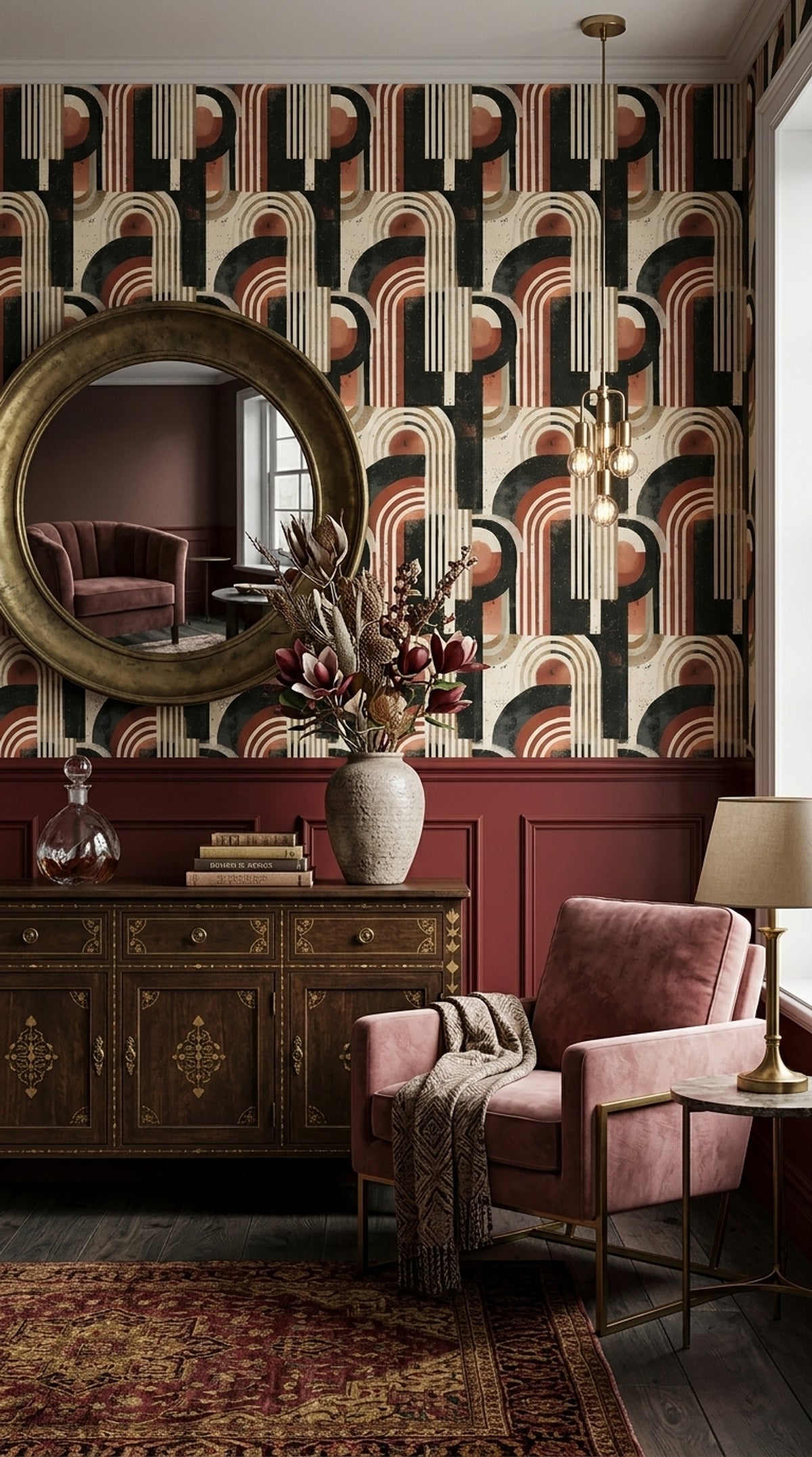 Abstract Arches Wallpaper Distressed Geometric Pattern Black Cream Terracotta Decor