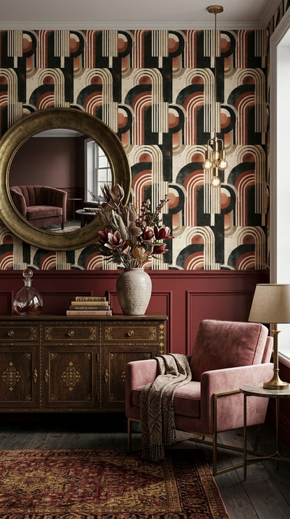Abstract Arches Wallpaper Distressed Geometric Pattern Black Cream Terracotta Decor