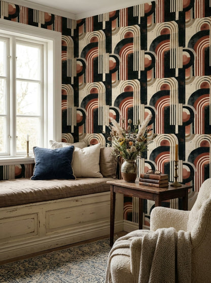 Abstract Arches Wallpaper Distressed Geometric Pattern Black Cream Terracotta Decor