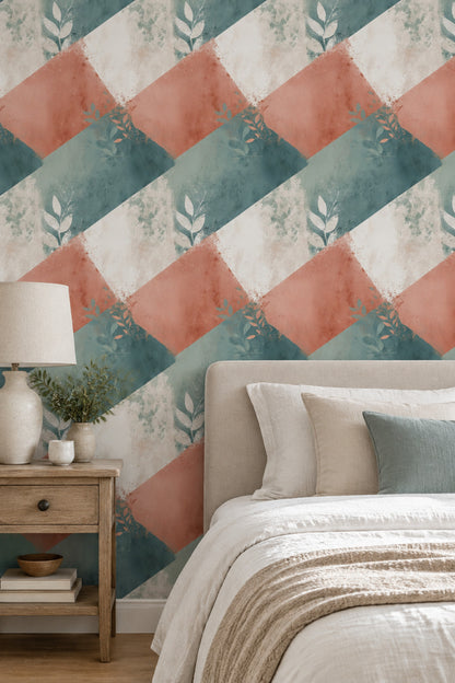 Leaf Silhouette Wallpaper Abstract Geometric Teal Terracotta Pattern