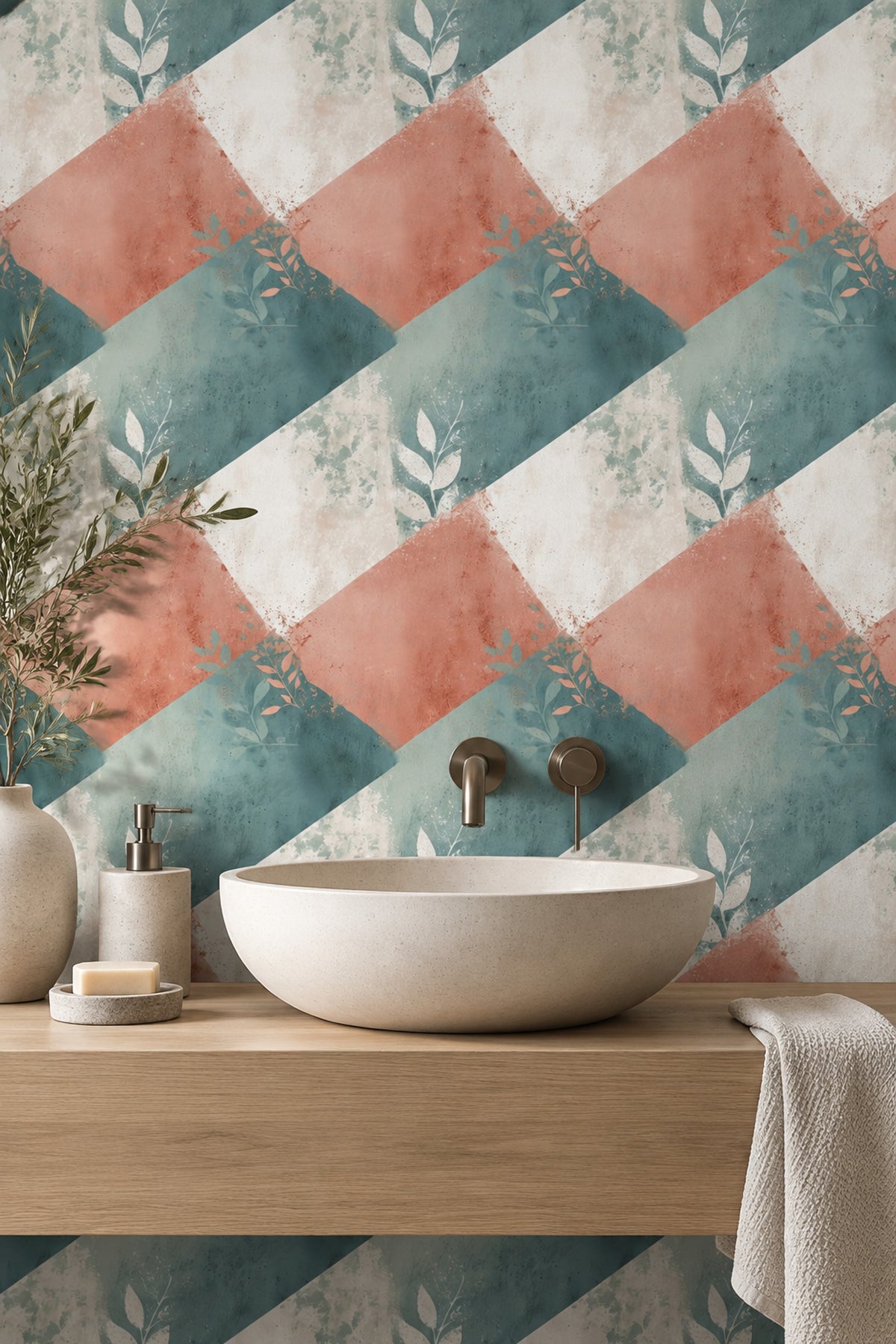 Leaf Silhouette Wallpaper Abstract Geometric Teal Terracotta Pattern