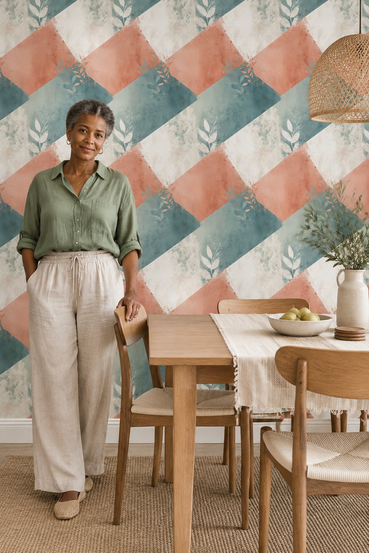Leaf Silhouette Wallpaper Abstract Geometric Teal Terracotta Pattern
