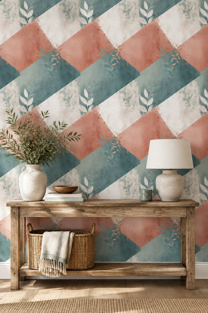 Leaf Silhouette Wallpaper Abstract Geometric Teal Terracotta Pattern