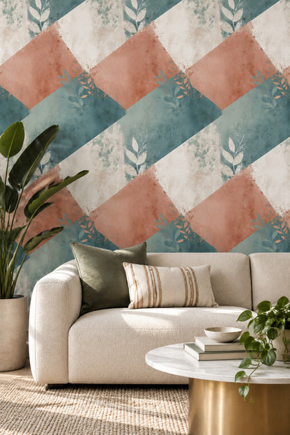 Leaf Silhouette Wallpaper Abstract Geometric Teal Terracotta Pattern