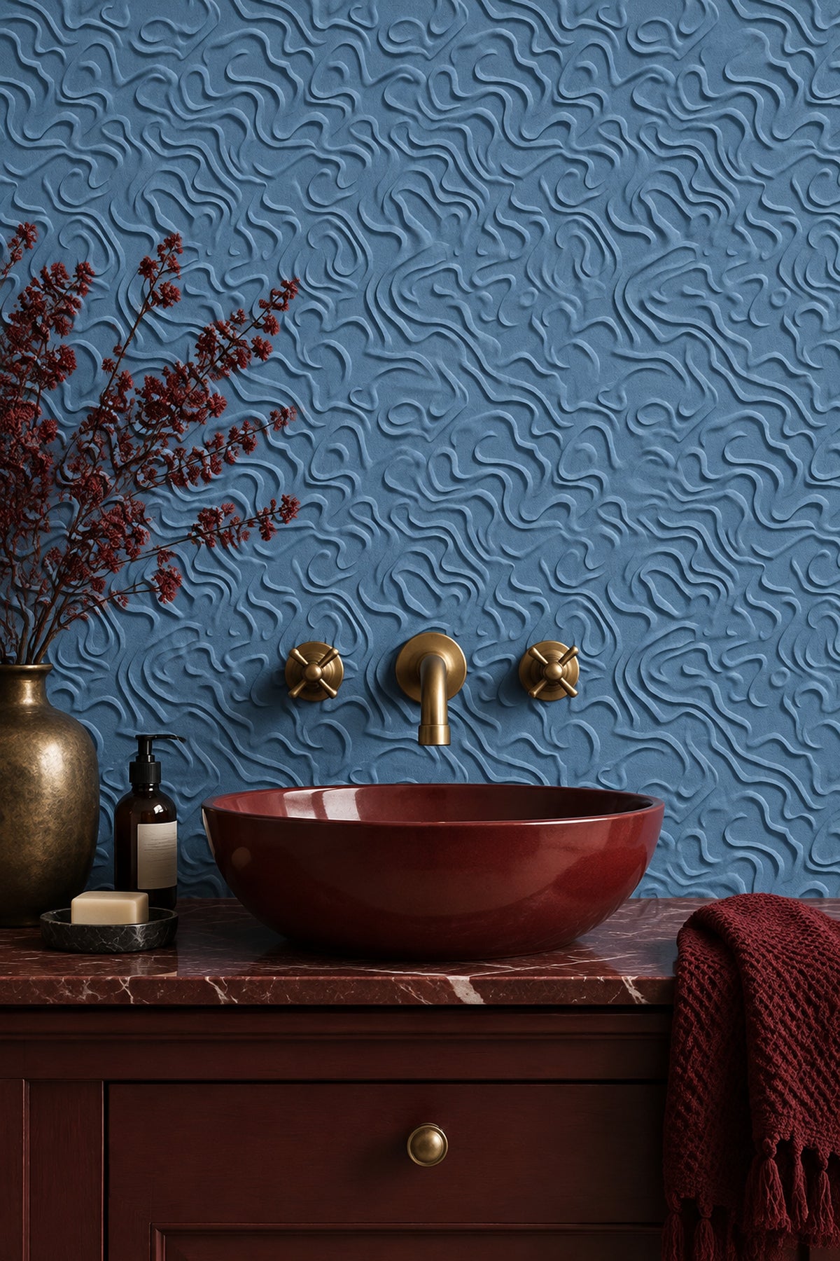 Curved Line Relief Wallpaper Blue Embossed Texture Pattern