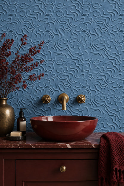 Curved Line Relief Wallpaper Blue Embossed Texture Pattern