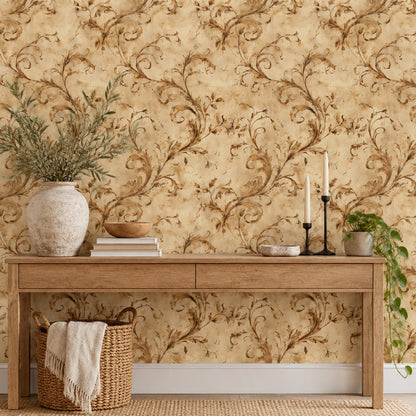 Acanthus Scroll Wallpaper Sepia Antique Parchment Old World Pattern