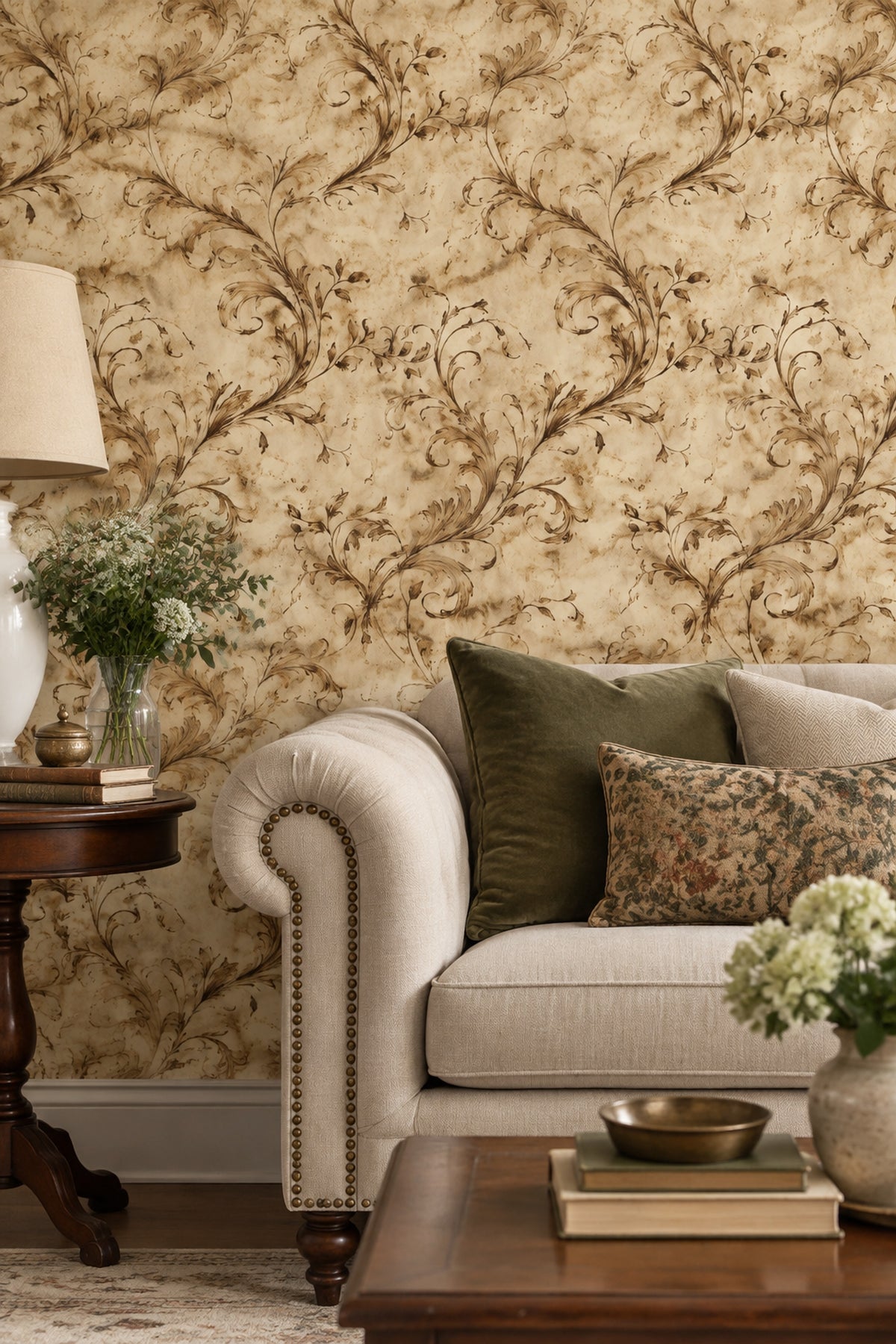 Acanthus Scroll Wallpaper Sepia Antique Parchment Old World Pattern