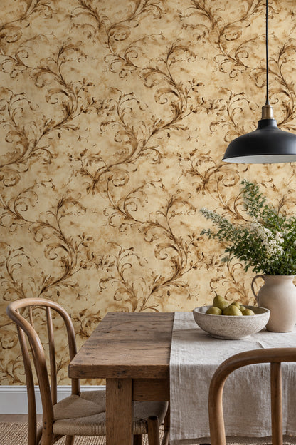 Acanthus Scroll Wallpaper Sepia Antique Parchment Old World Pattern