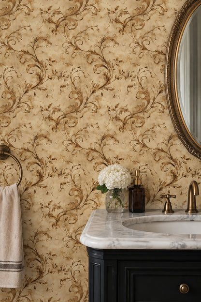 Acanthus Scroll Wallpaper Sepia Antique Parchment Old World Pattern