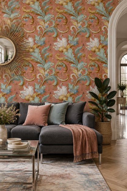 Coral Acanthus Wallpaper Aqua Blue Gold Rococo Baroque Pattern