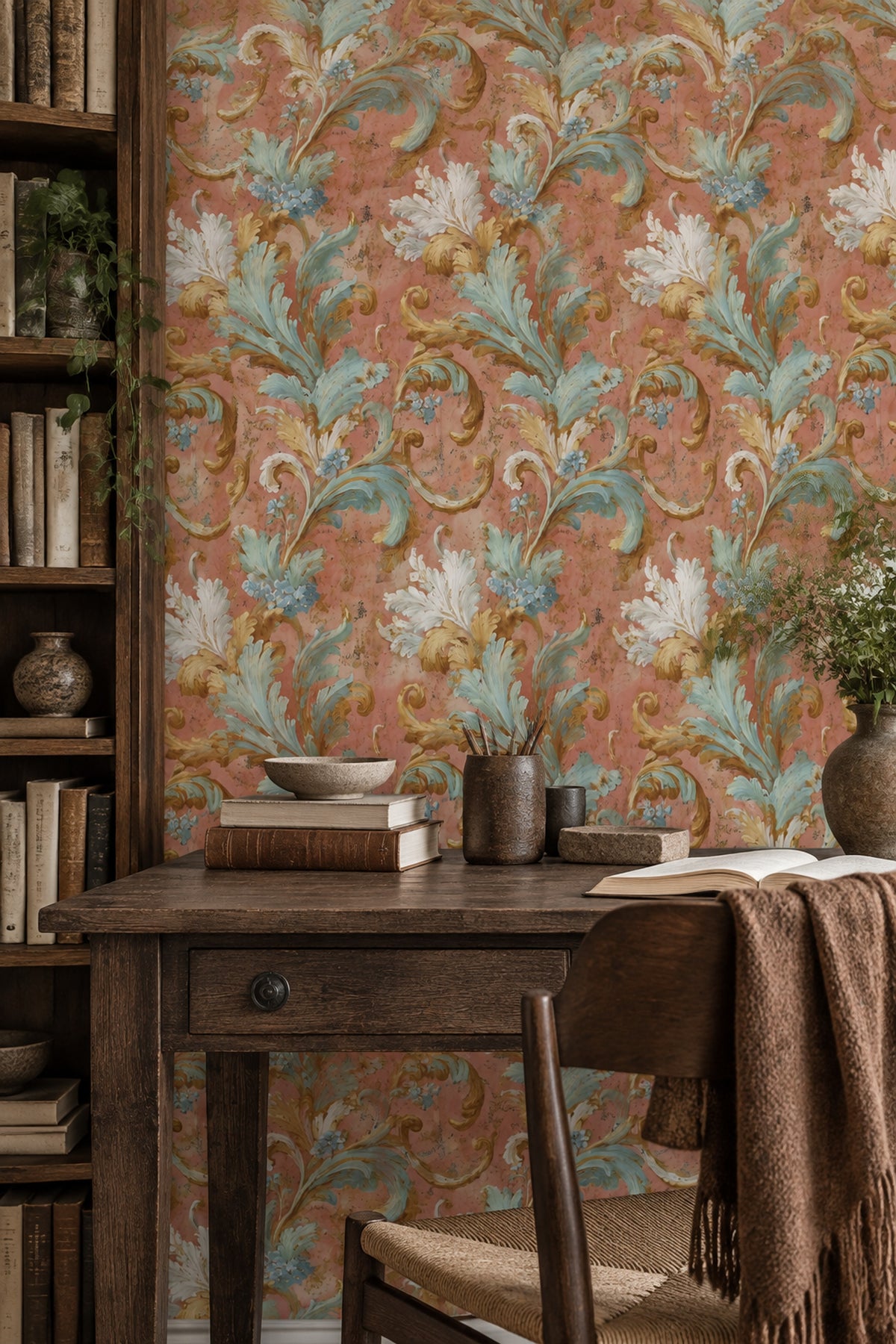 Coral Acanthus Wallpaper Aqua Blue Gold Rococo Baroque Pattern