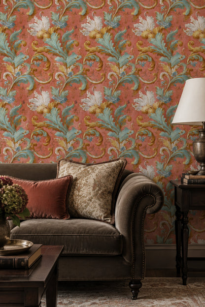 Coral Acanthus Wallpaper Aqua Blue Gold Rococo Baroque Pattern