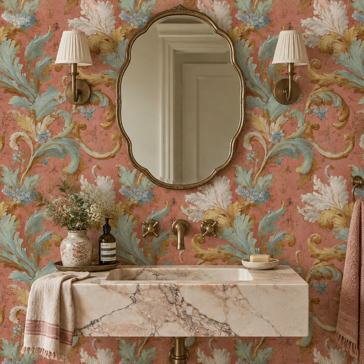 Coral Acanthus Wallpaper Aqua Blue Gold Rococo Baroque Pattern