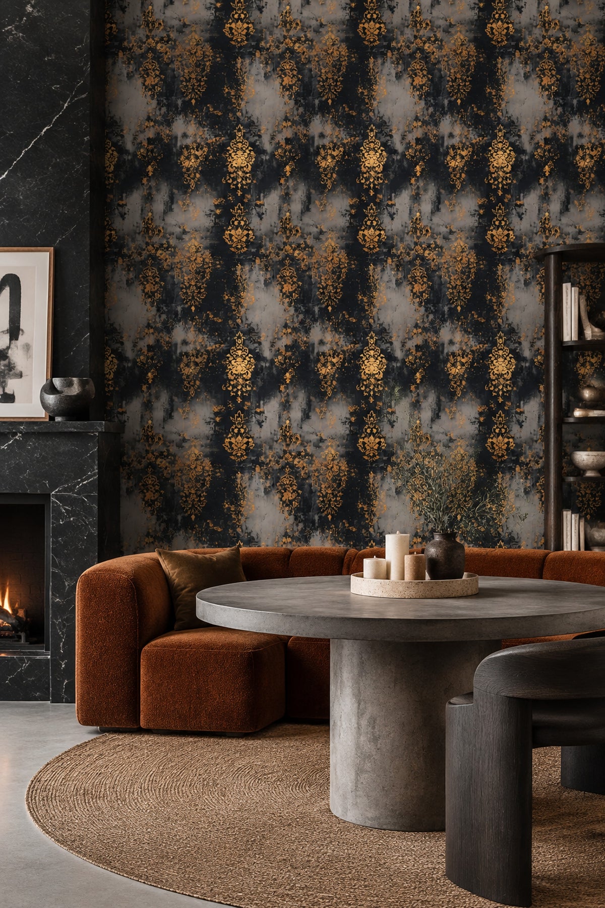 Distressed Damask Wallpaper Black Ground With Gold Ornamental Motifs