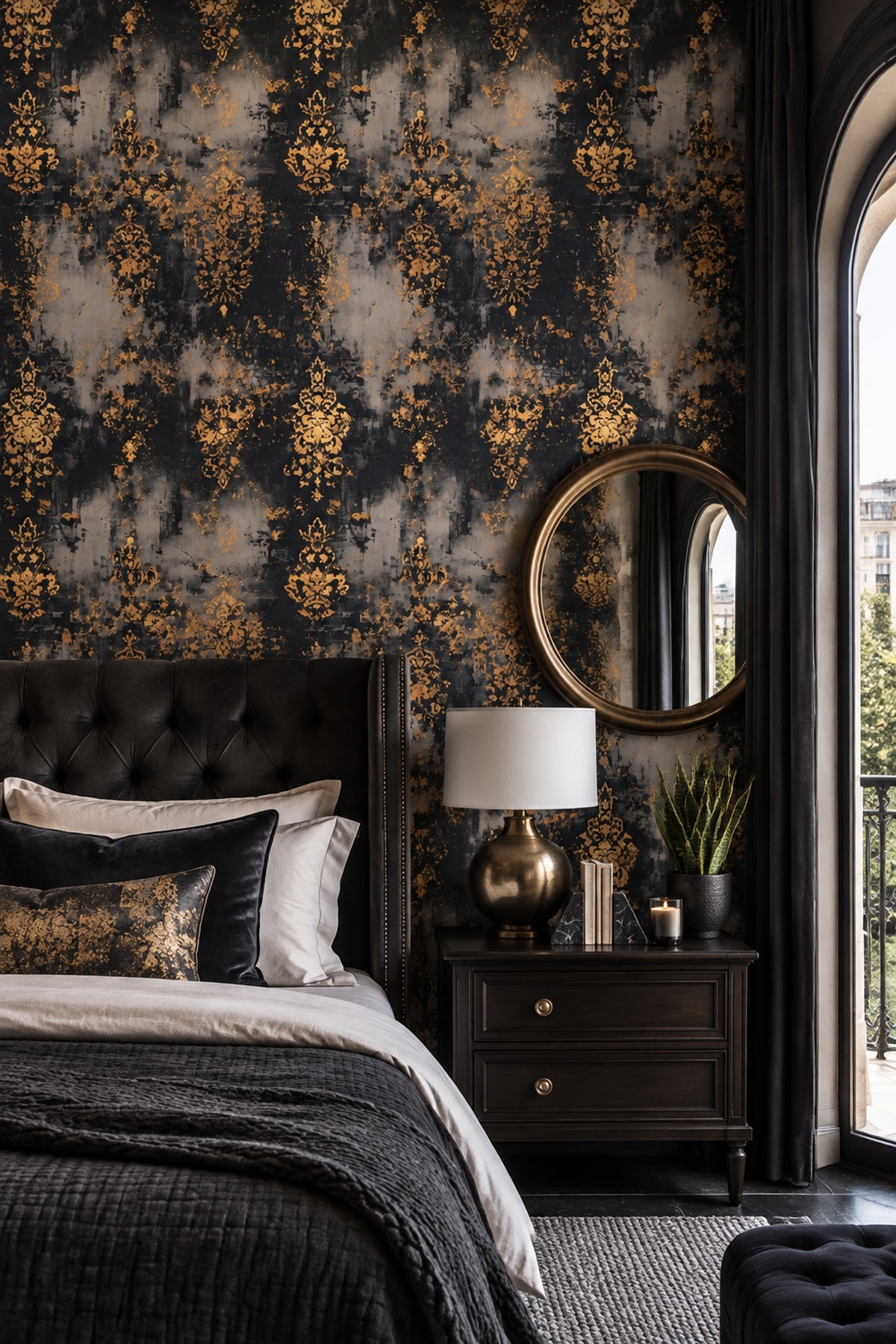 Distressed Damask Wallpaper Black Ground With Gold Ornamental Motifs