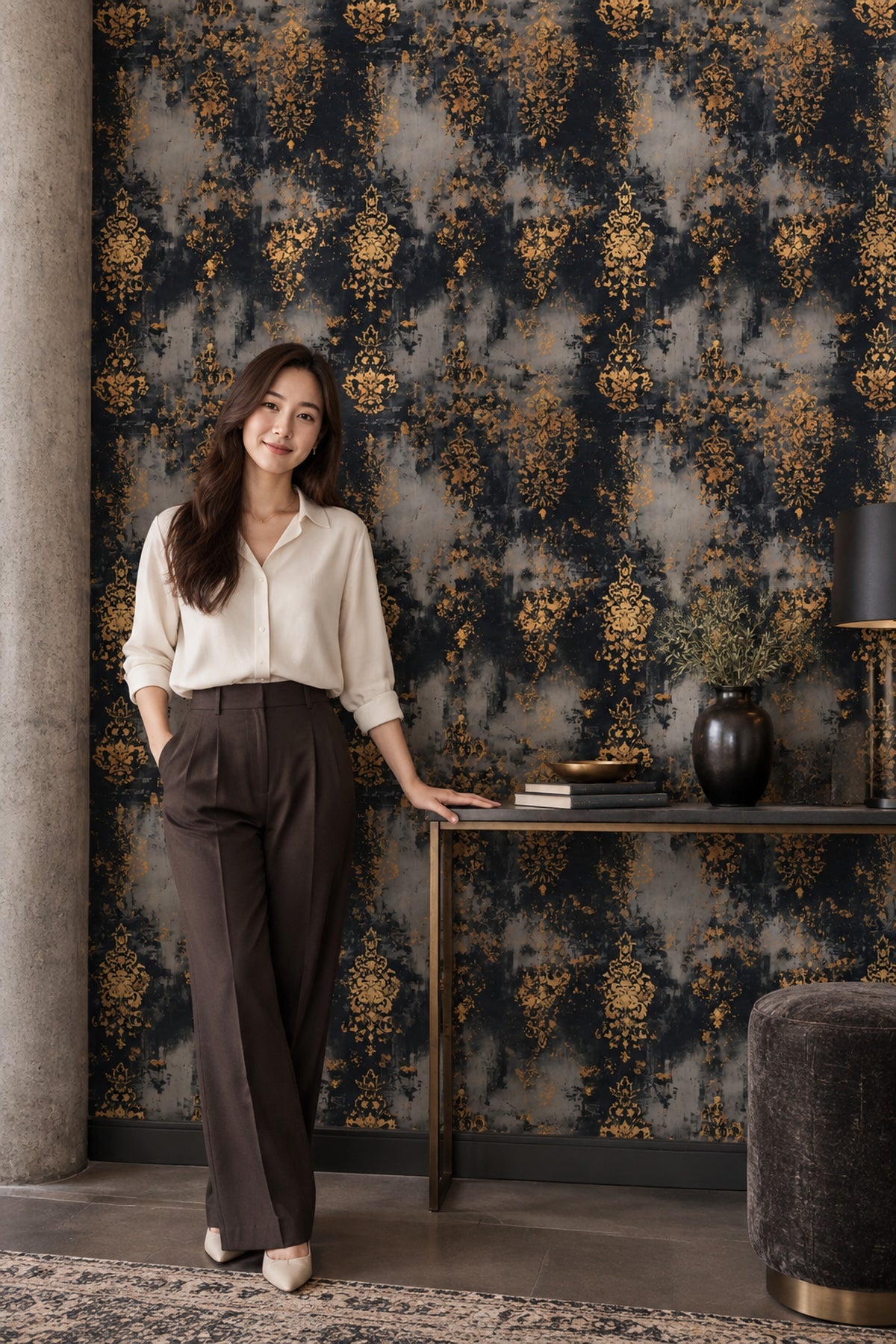 Distressed Damask Wallpaper Black Ground With Gold Ornamental Motifs