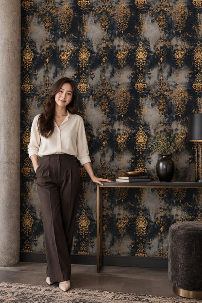 Distressed Damask Wallpaper Black Ground With Gold Ornamental Motifs