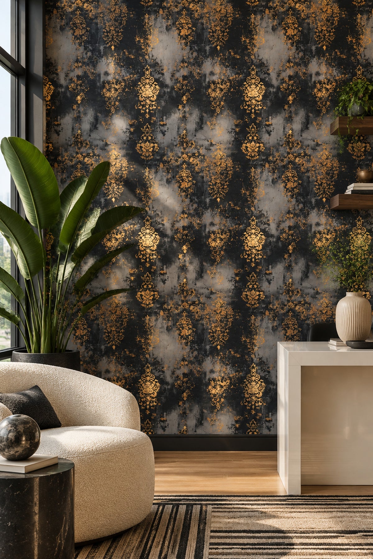 Distressed Damask Wallpaper Black Ground With Gold Ornamental Motifs