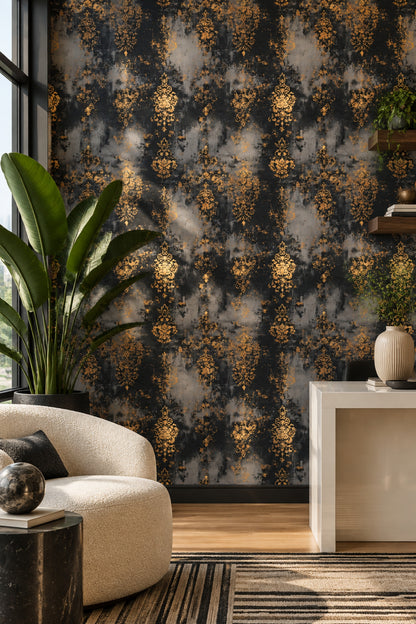 Distressed Damask Wallpaper Black Ground With Gold Ornamental Motifs