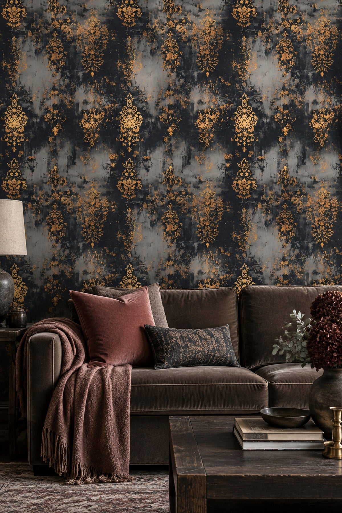 Distressed Damask Wallpaper Black Ground With Gold Ornamental Motifs
