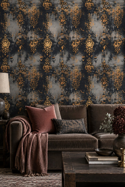 Distressed Damask Wallpaper Black Ground With Gold Ornamental Motifs