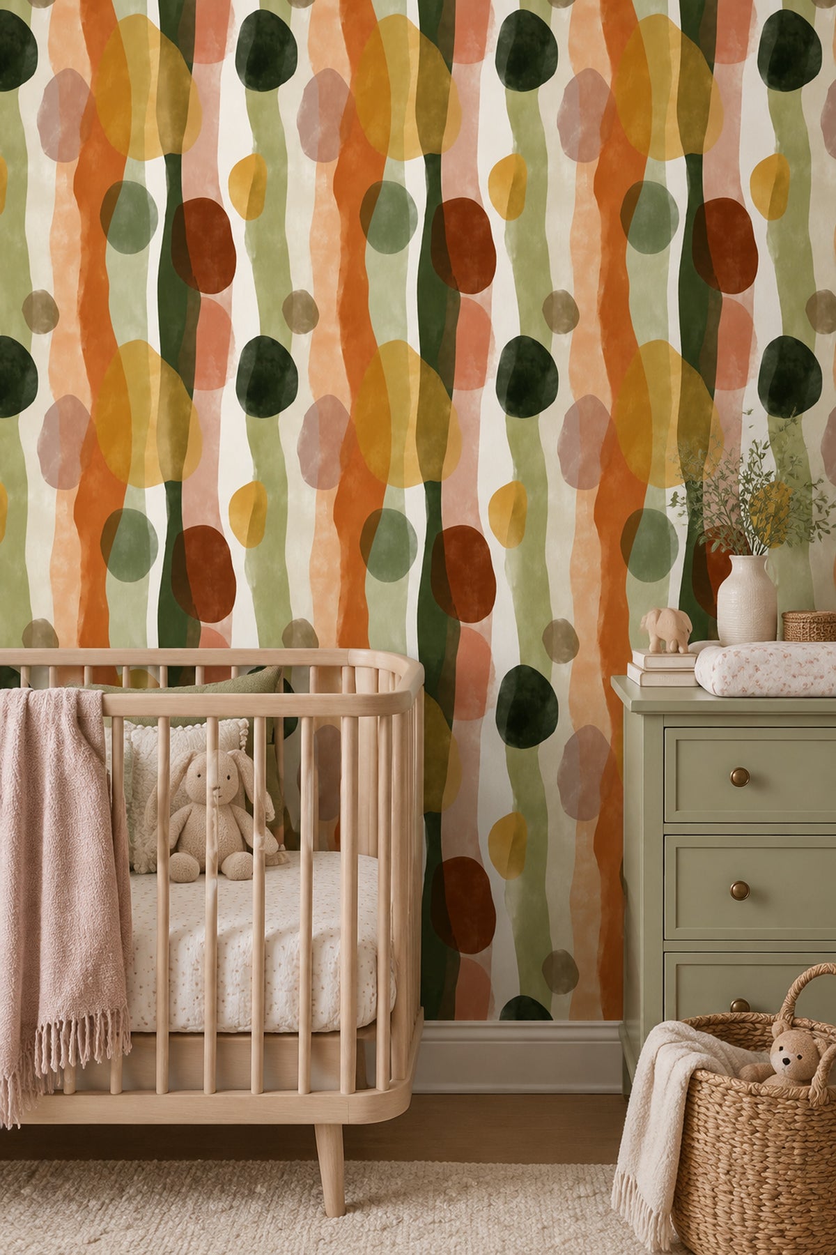 Organic Abstract Wallpaper Olive Green Burnt Orange Vertical Waves