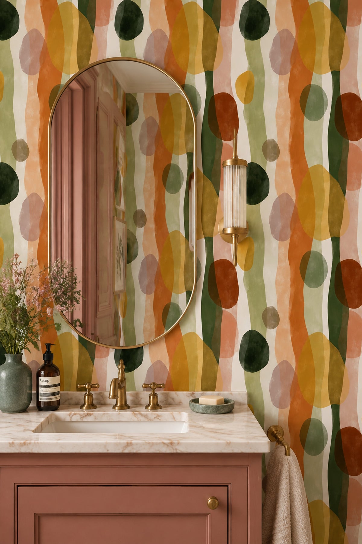 Organic Abstract Wallpaper Olive Green Burnt Orange Vertical Waves