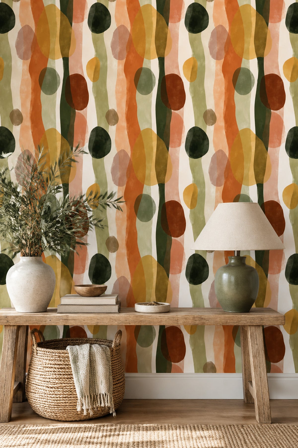 Organic Abstract Wallpaper Olive Green Burnt Orange Vertical Waves