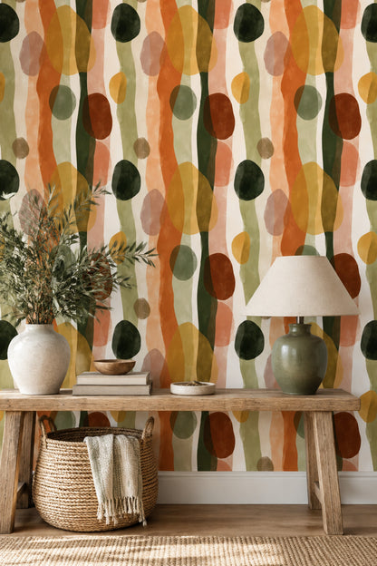 Organic Abstract Wallpaper Olive Green Burnt Orange Vertical Waves