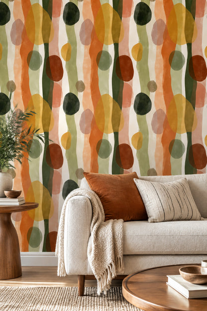 Organic Abstract Wallpaper Olive Green Burnt Orange Vertical Waves