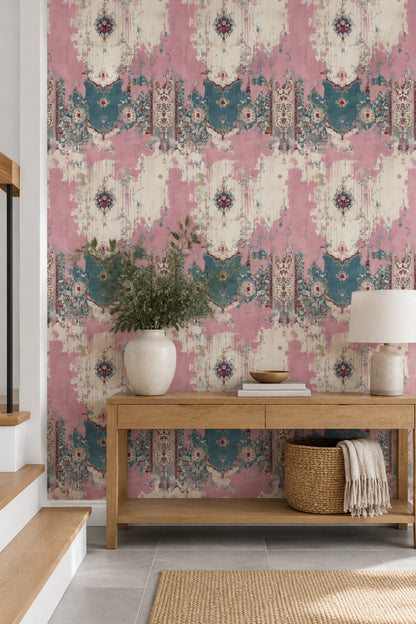Oriental Medallion Wallpaper Distressed Pink Teal Vintage Texture
