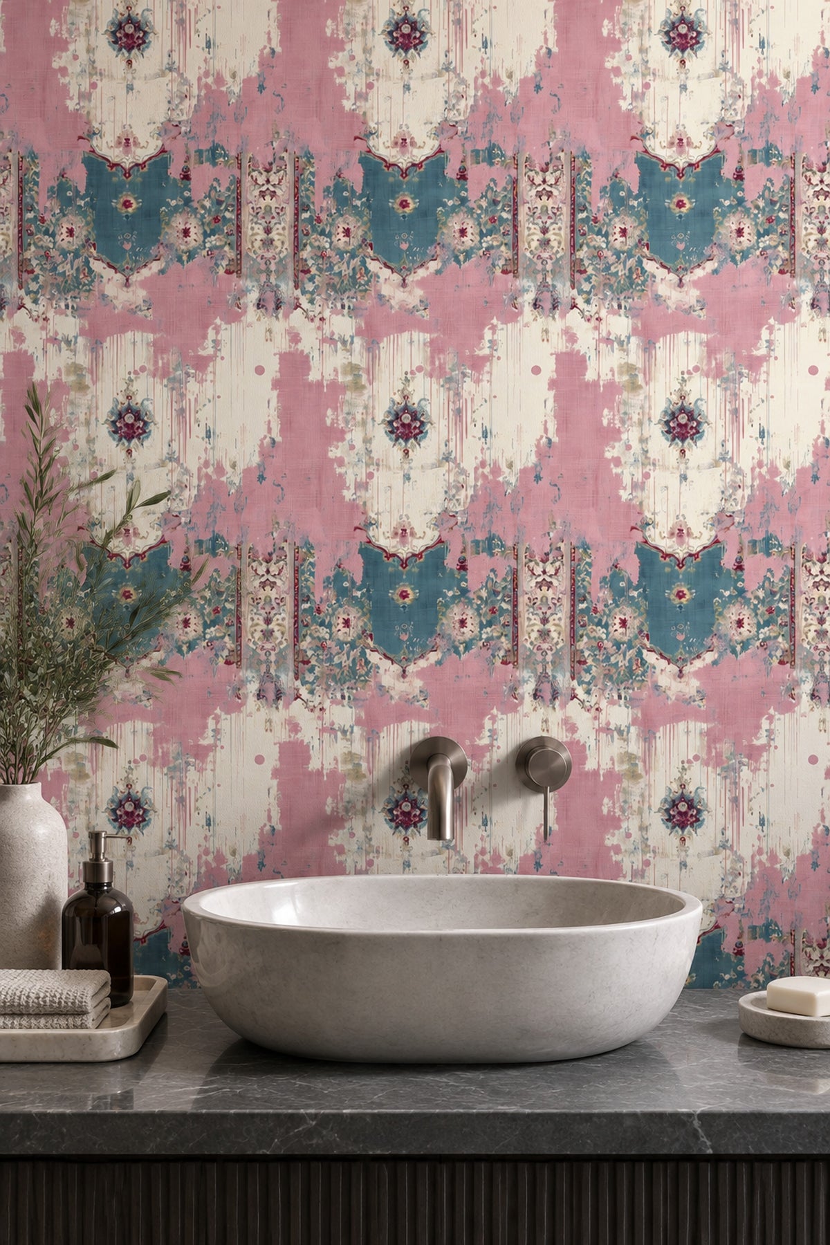 Oriental Medallion Wallpaper Distressed Pink Teal Vintage Texture