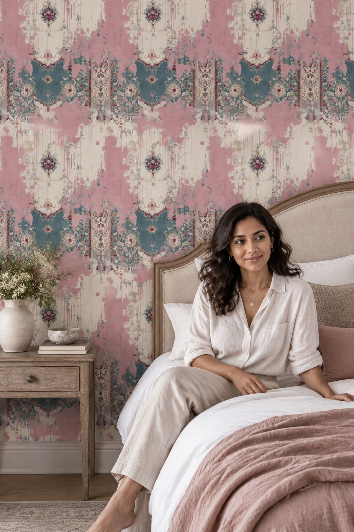 Oriental Medallion Wallpaper Distressed Pink Teal Vintage Texture